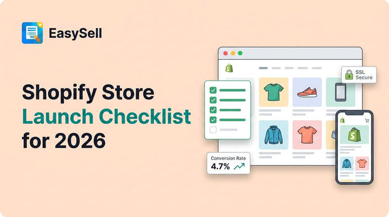 Shopify store launch checklist for 2026 with browser mockup showing product grid, mobile phone preview, SSL secure badge, conversion rate stat card, and green checklist with checkmarks