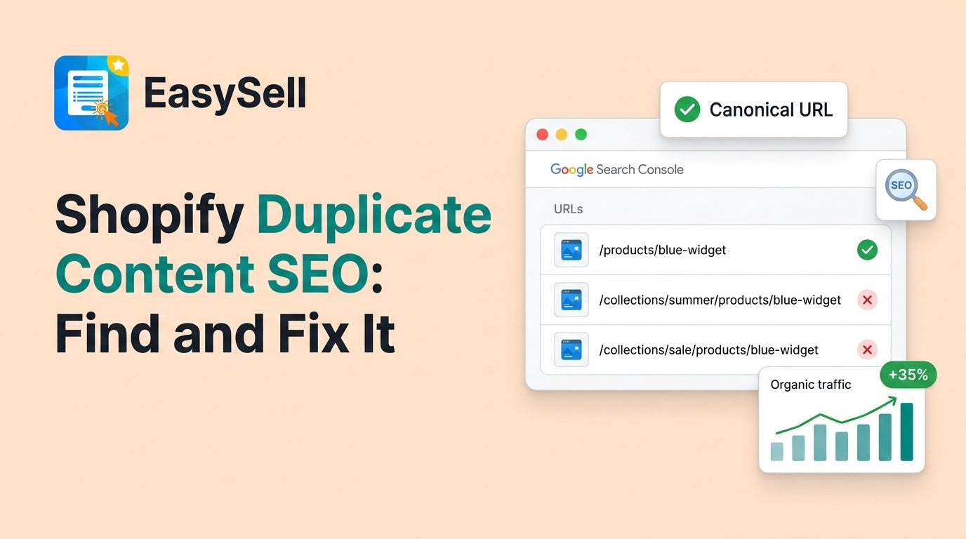 Shopify duplicate content SEO audit showing duplicate URLs being consolidated into one canonical page