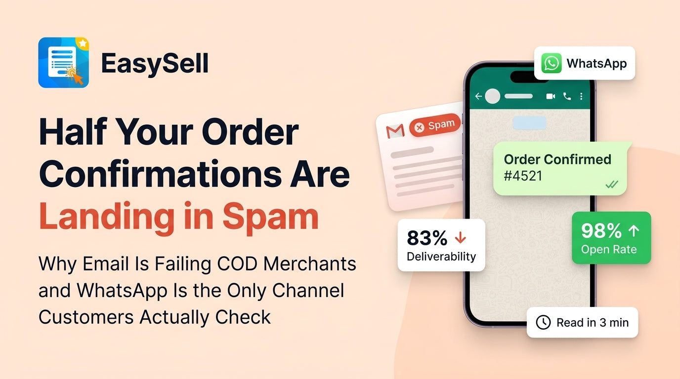 Split screen showing a Shopify order confirmation email stuck in a spam folder on the left and the same confirmation delivered instantly via WhatsApp on the right