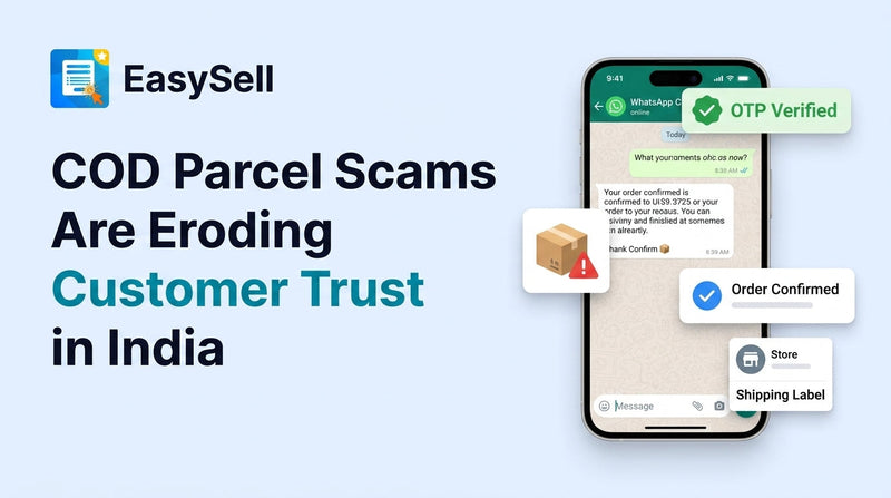 Illustration showing a suspicious COD parcel delivery at an Indian doorstep with trust verification elements