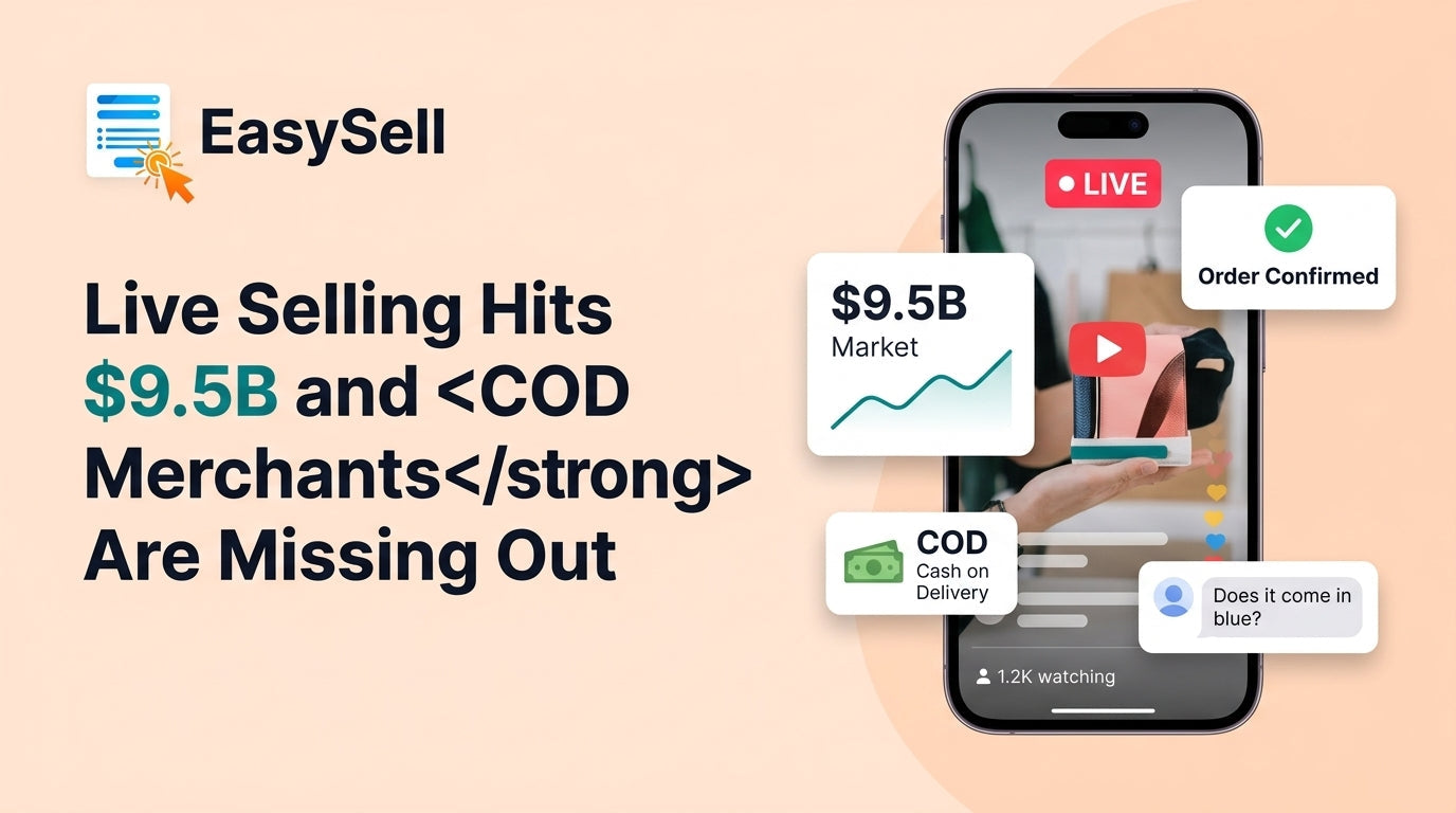 Merchant running a live selling session on their phone with COD order notifications appearing on screen