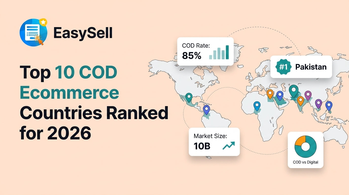 World map highlighting the top 10 COD ecommerce countries for 2026 with floating stat cards showing COD adoption rates, market size data, and a Pakistan number one ranking badge