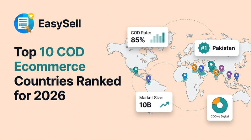 World map highlighting the top 10 COD ecommerce countries for 2026 with floating stat cards showing COD adoption rates, market size data, and a Pakistan number one ranking badge