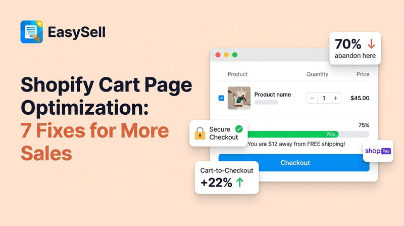 Shopify cart page optimization checklist with seven conversion fixes displayed on a clean dashboard interface