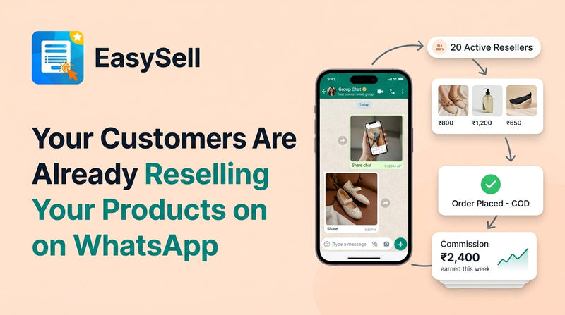 WhatsApp reseller sharing product catalog images in a group chat with order confirmations flowing back to a Shopify store dashboard