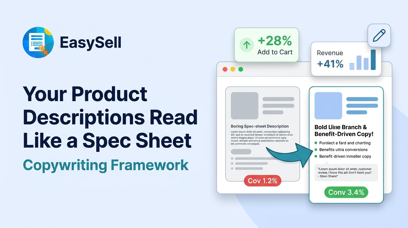 Shopify product page showing a before-and-after product description rewrite with conversion metrics improving