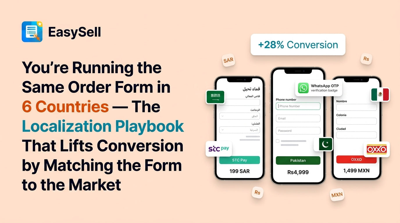 A split-screen showing localized Shopify order forms for different COD markets with region-specific field layouts, currencies, and payment options