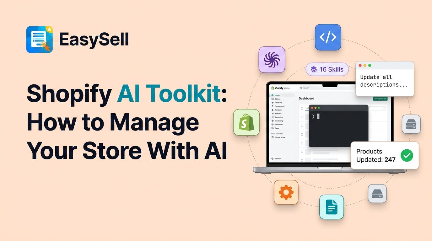 Shopify AI Toolkit dashboard showing AI-powered store management with product updates and inventory controls