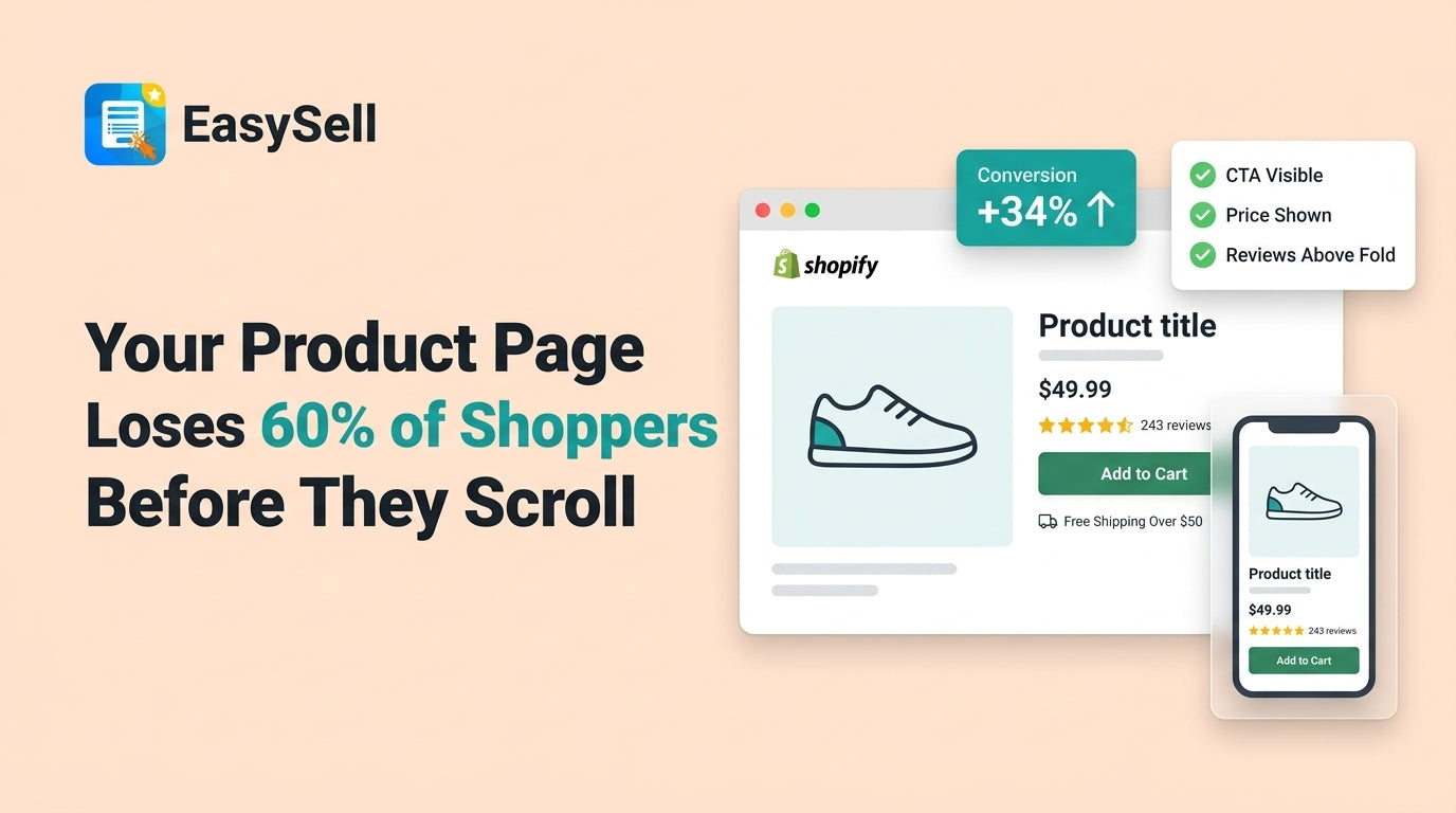 Shopify product page above-the-fold layout showing optimized placement of CTA button, star rating, price, and shipping info on mobile and desktop