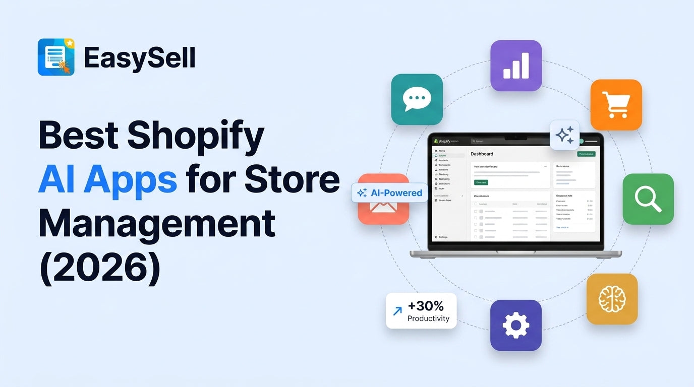 Best Shopify AI apps for store management in 2026 with app icons and dashboard interface