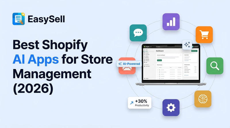 Best Shopify AI apps for store management in 2026 with app icons and dashboard interface