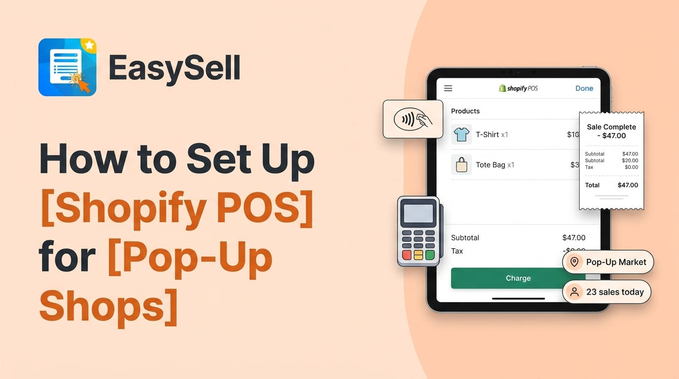 Shopify POS pop-up shop setup guide showing tablet with POS checkout screen, contactless payment icon, card reader, sale complete receipt, and pop-up market location badge