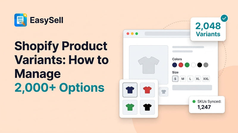 Shopify product variant management dashboard showing color and size options with 2048 variant support