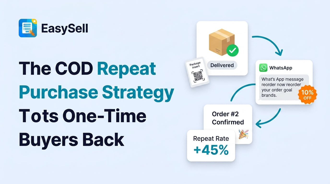 COD repeat purchase strategy showing WhatsApp reorder flow and package insert with QR code for Shopify merchants