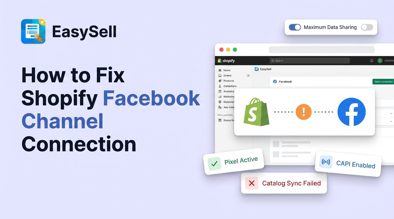 Shopify and Facebook channel connection troubleshooting dashboard with error indicators and fix steps