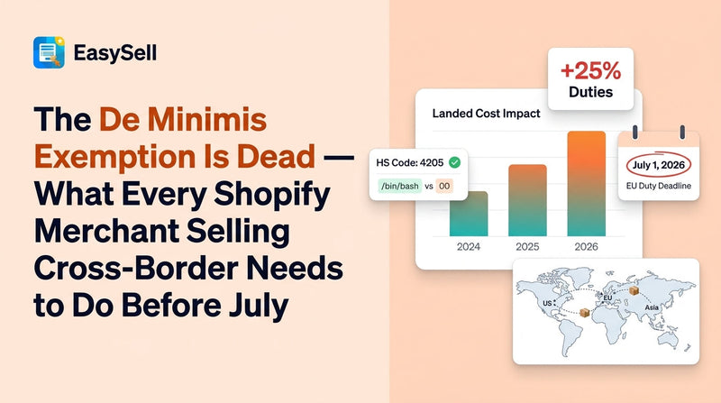 Shipping boxes crossing international borders with customs duty stamps and tariff percentage labels overlaid