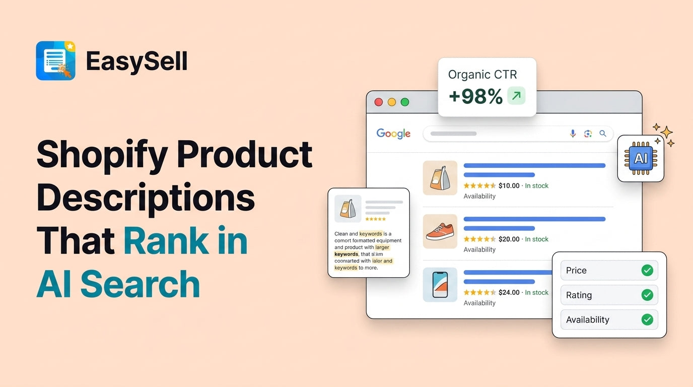 Shopify product description optimization for AI search and SEO with structured data examples