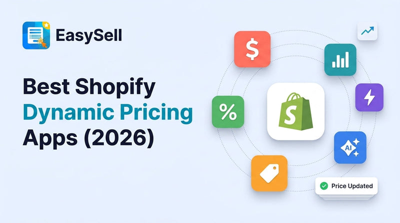 Best Shopify dynamic pricing apps 2026 featuring Shopify bag icon surrounded by floating app icons for pricing, analytics, and AI on soft blue background