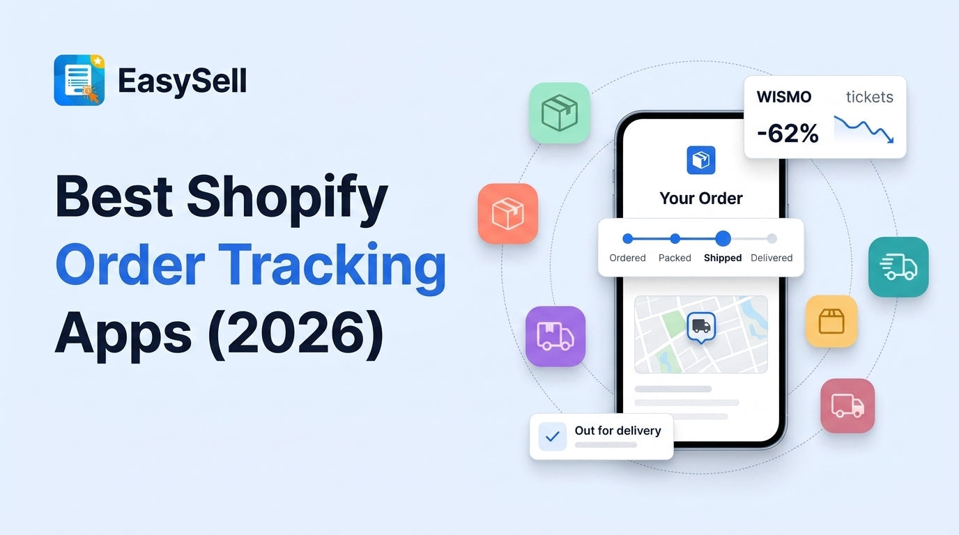 Illustration of a Shopify order tracking dashboard with shipment status cards and a branded tracking page on a pastel background.