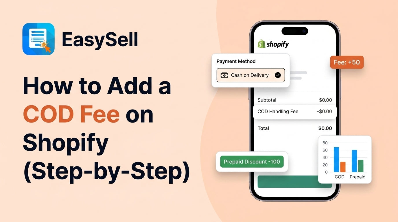 How to add a COD fee on Shopify step-by-step guide with phone mockup showing checkout, payment method selector, and COD vs prepaid comparison chart