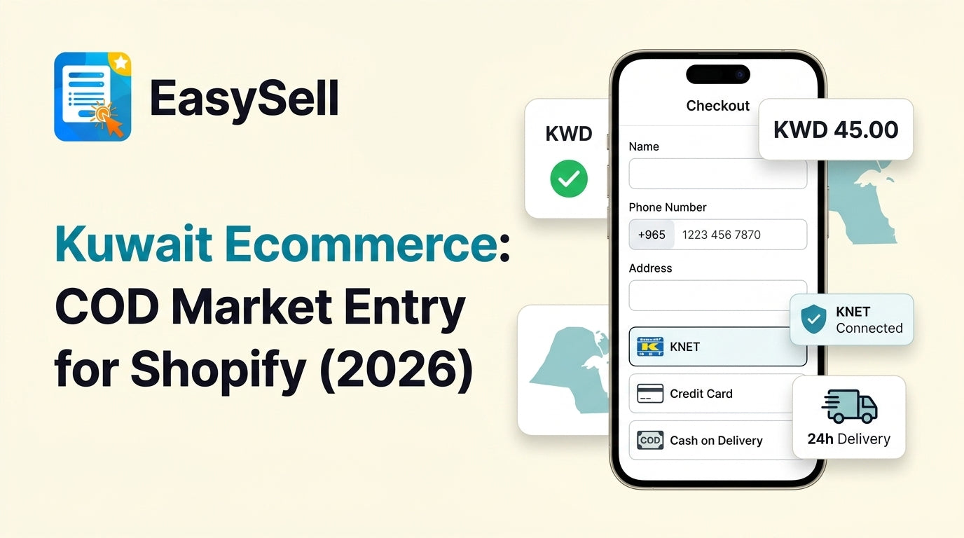 Kuwait ecommerce market entry guide showing Shopify store setup with KNET payment and COD options for 2026