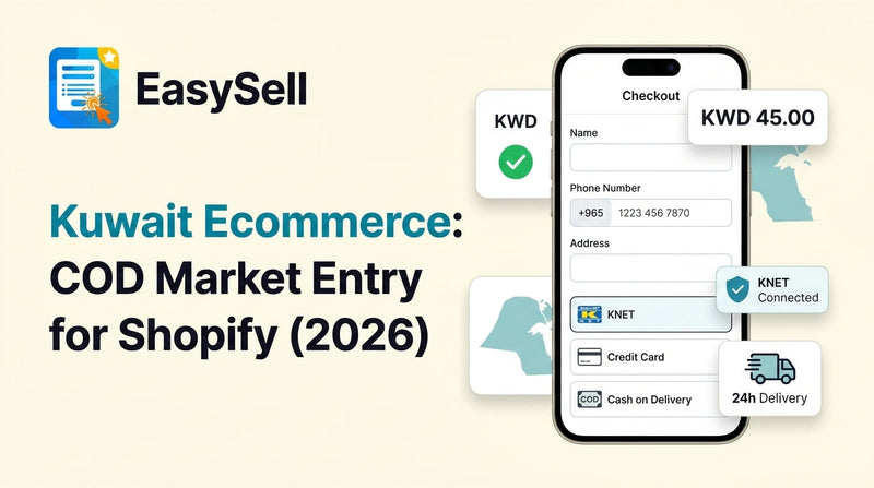 Kuwait ecommerce market entry guide showing Shopify store setup with KNET payment and COD options for 2026