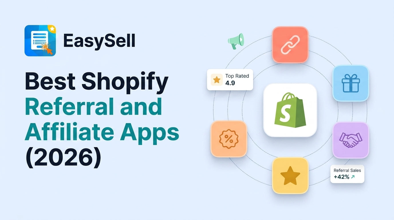 Best Shopify referral and affiliate apps for 2026 with floating app icons around a Shopify bag showing referral sales growth and top-rated badges