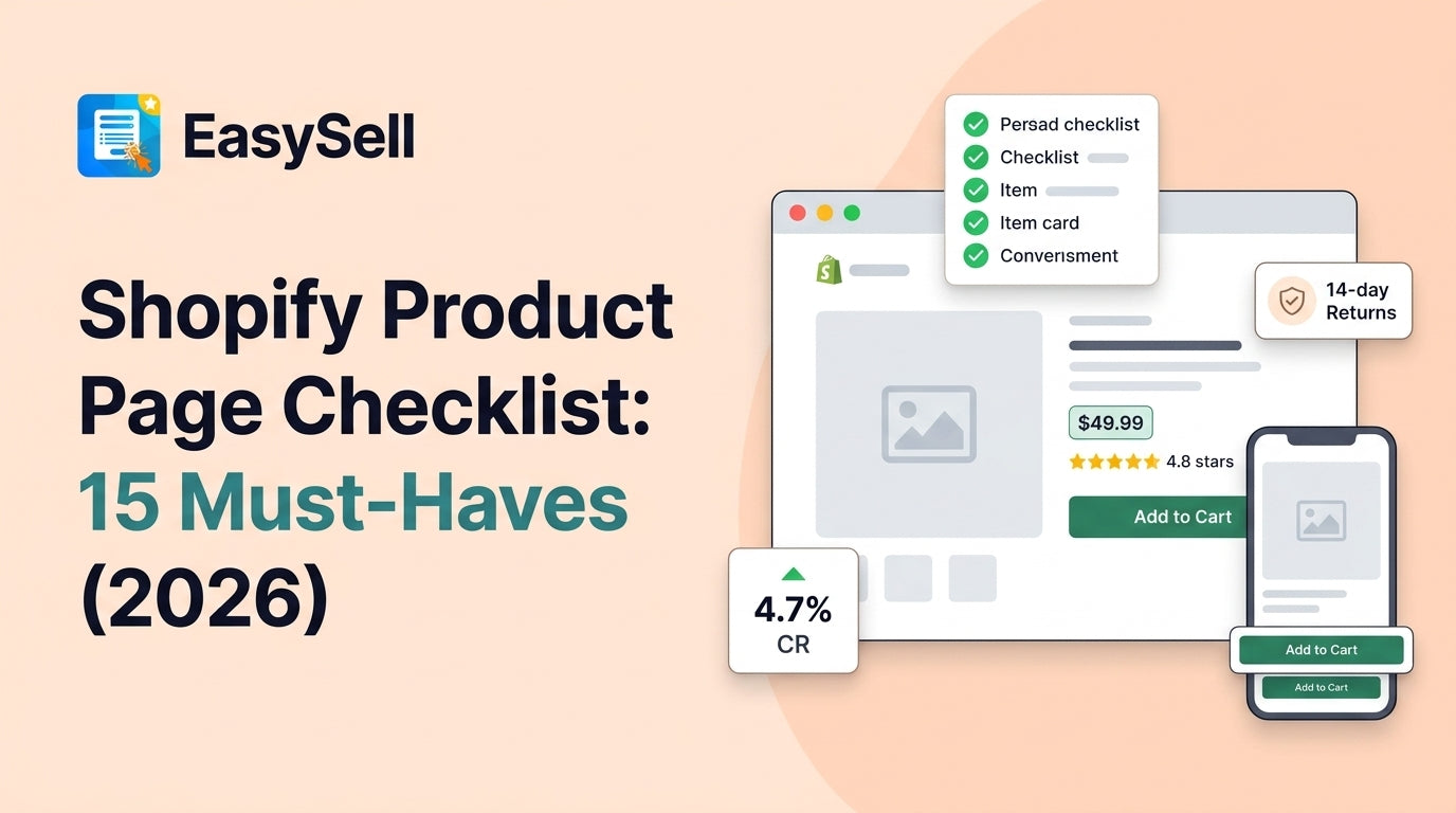 Shopify product page checklist showing 15 must-have elements for higher conversion rates in 2026