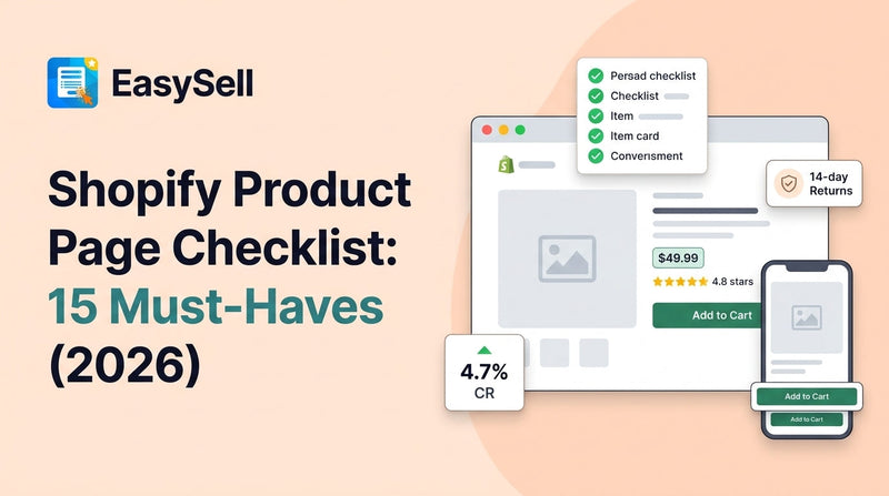 Shopify product page checklist showing 15 must-have elements for higher conversion rates in 2026