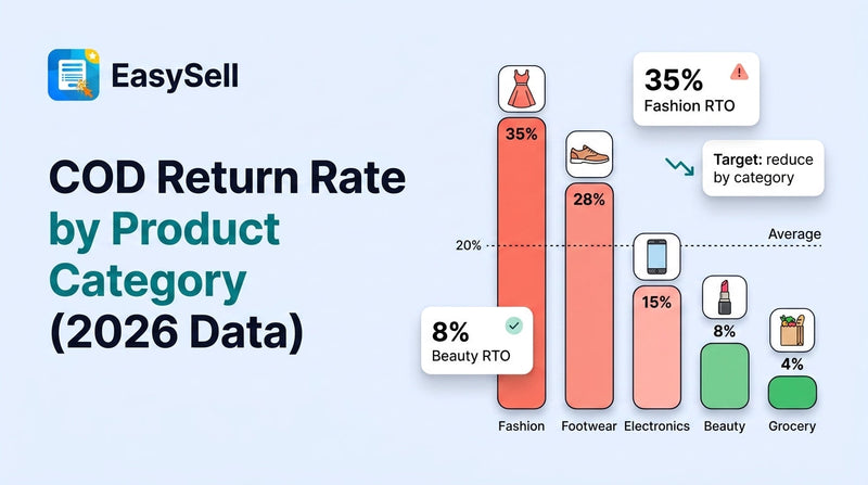COD return rate benchmarks by product category showing fashion, electronics, beauty, and grocery comparison chart
