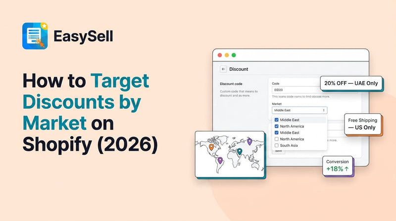 Shopify discount targeting by market with regional promotion settings on a world map interface