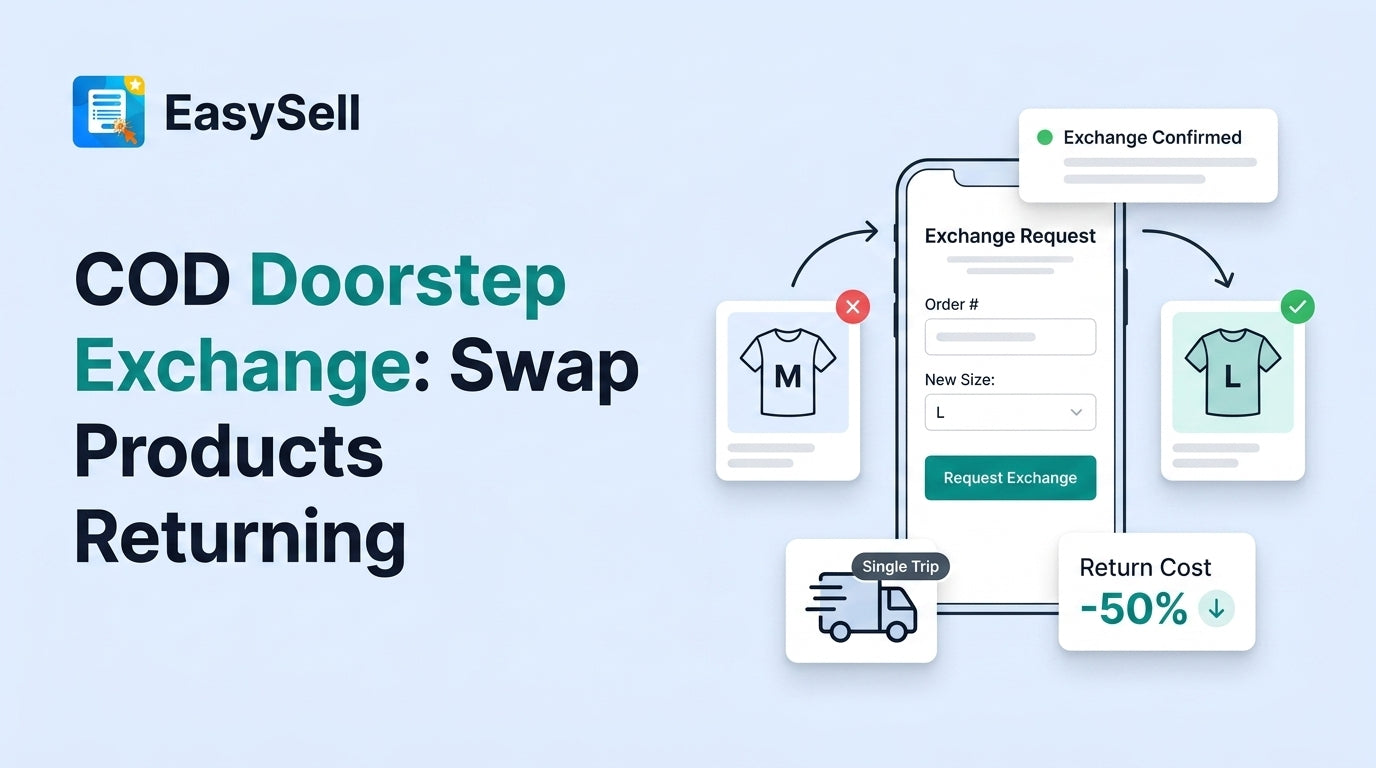 COD doorstep exchange flow showing a size M product card connected to a phone exchange request form and a size L replacement card, with a delivery truck Single Trip badge and Return Cost -50% metric